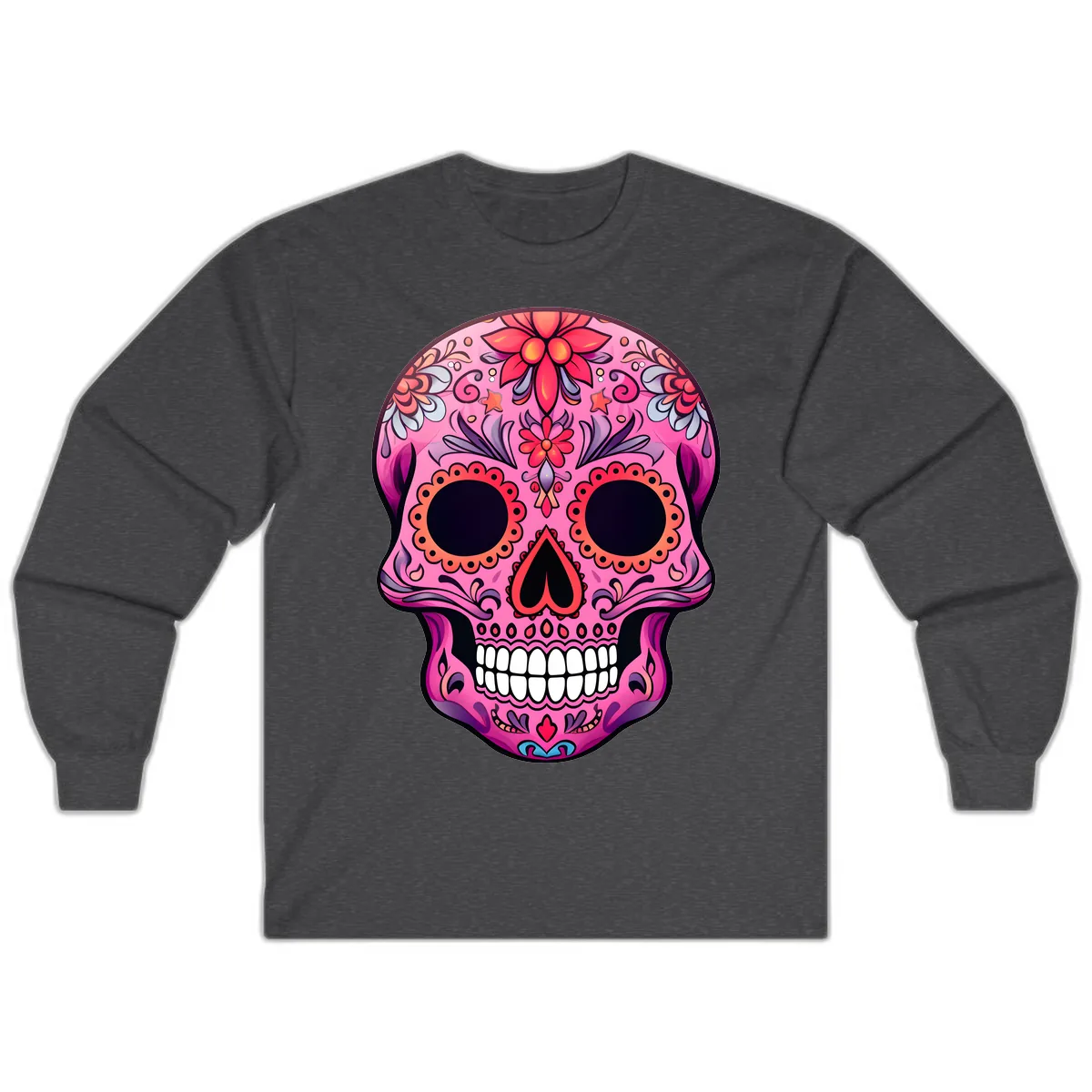 Vibrant Pink Calavera Sugar Skull Art Long Sleeve in Dark Heather
