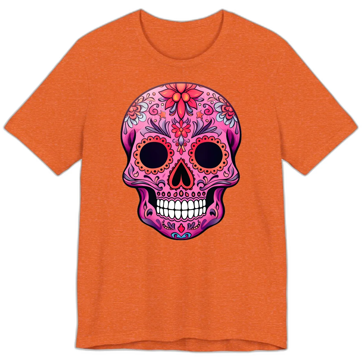 Vibrant Pink Calavera Sugar Skull Art Premium T-Shirt in Heather Orange