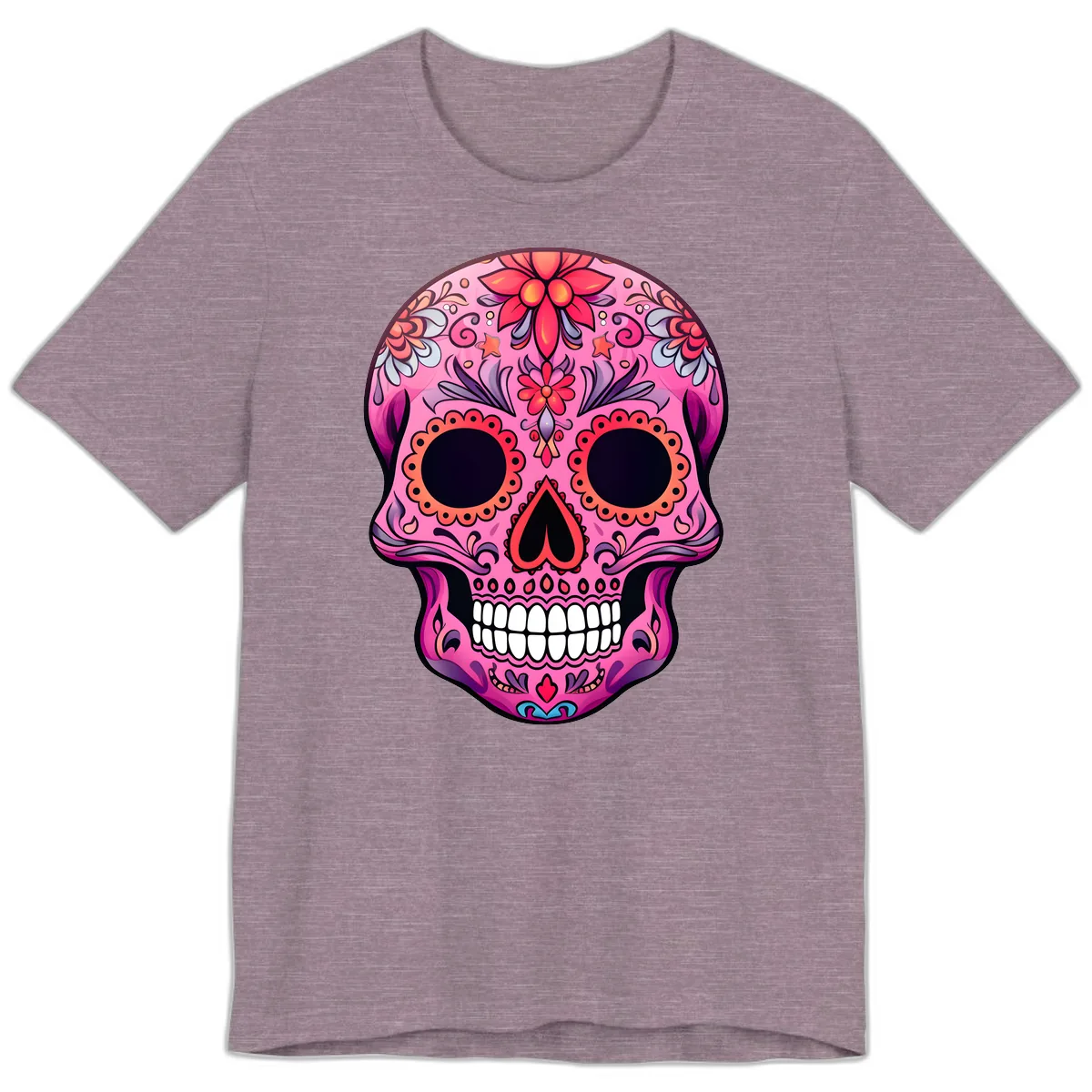 Vibrant Pink Calavera Sugar Skull Art Premium T-Shirt in Heather Purple