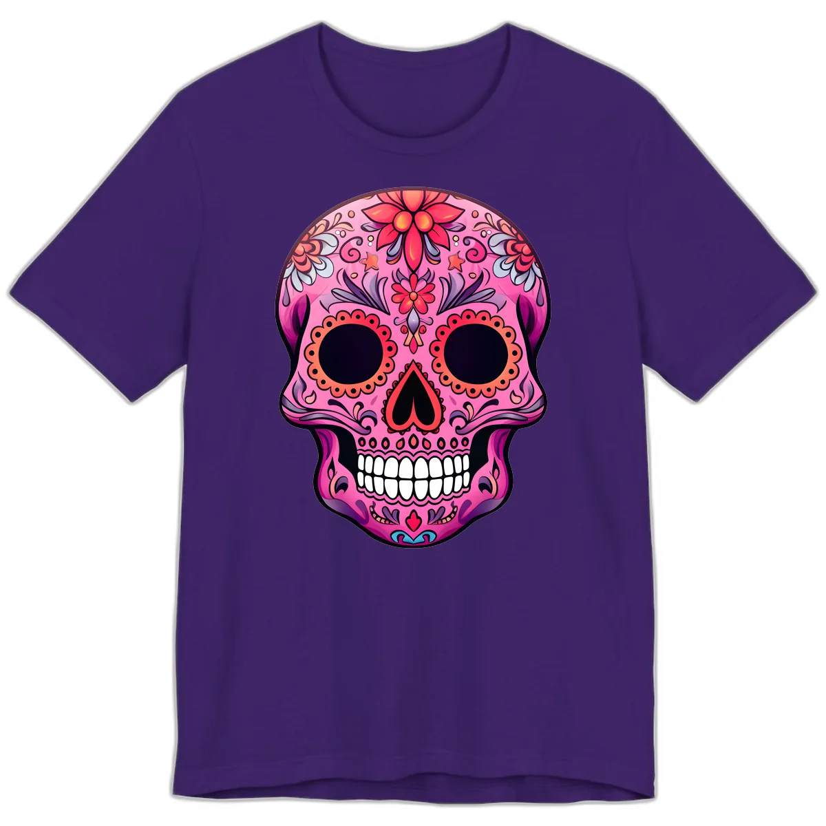 Vibrant Pink Calavera Sugar Skull Art Premium T-Shirt in Team Purple