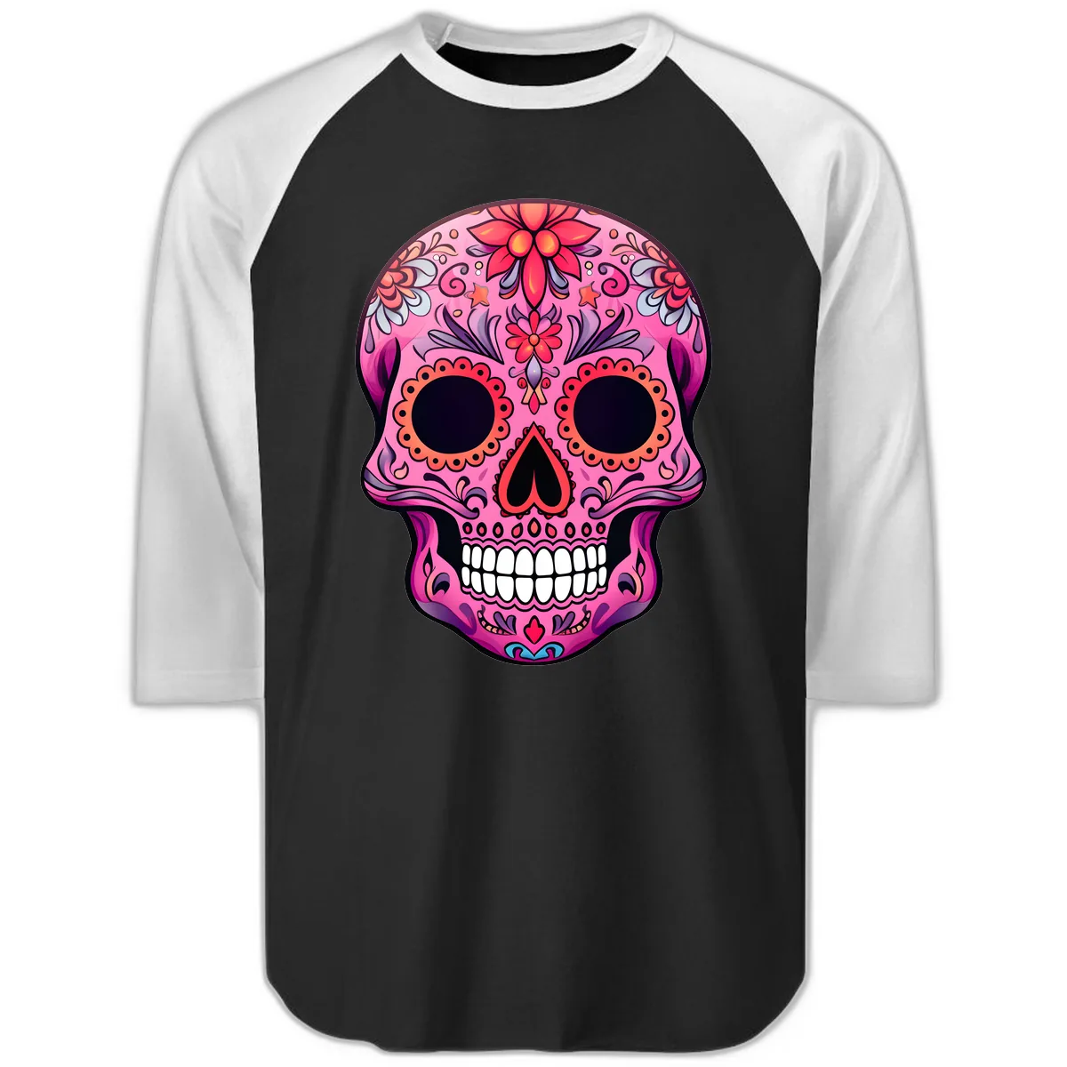 Vibrant Pink Calavera Sugar Skull Art Raglan 3/4 in Black White