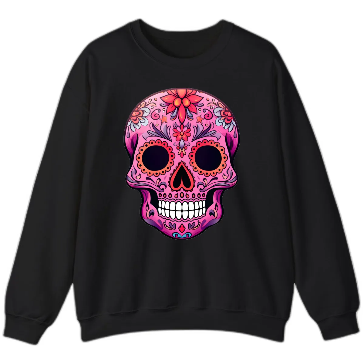 Vibrant Pink Calavera Sugar Skull Art Sweatshirt in Black