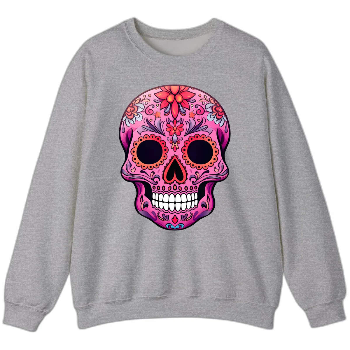Vibrant Pink Calavera Sugar Skull Art Sweatshirt in Sport Grey