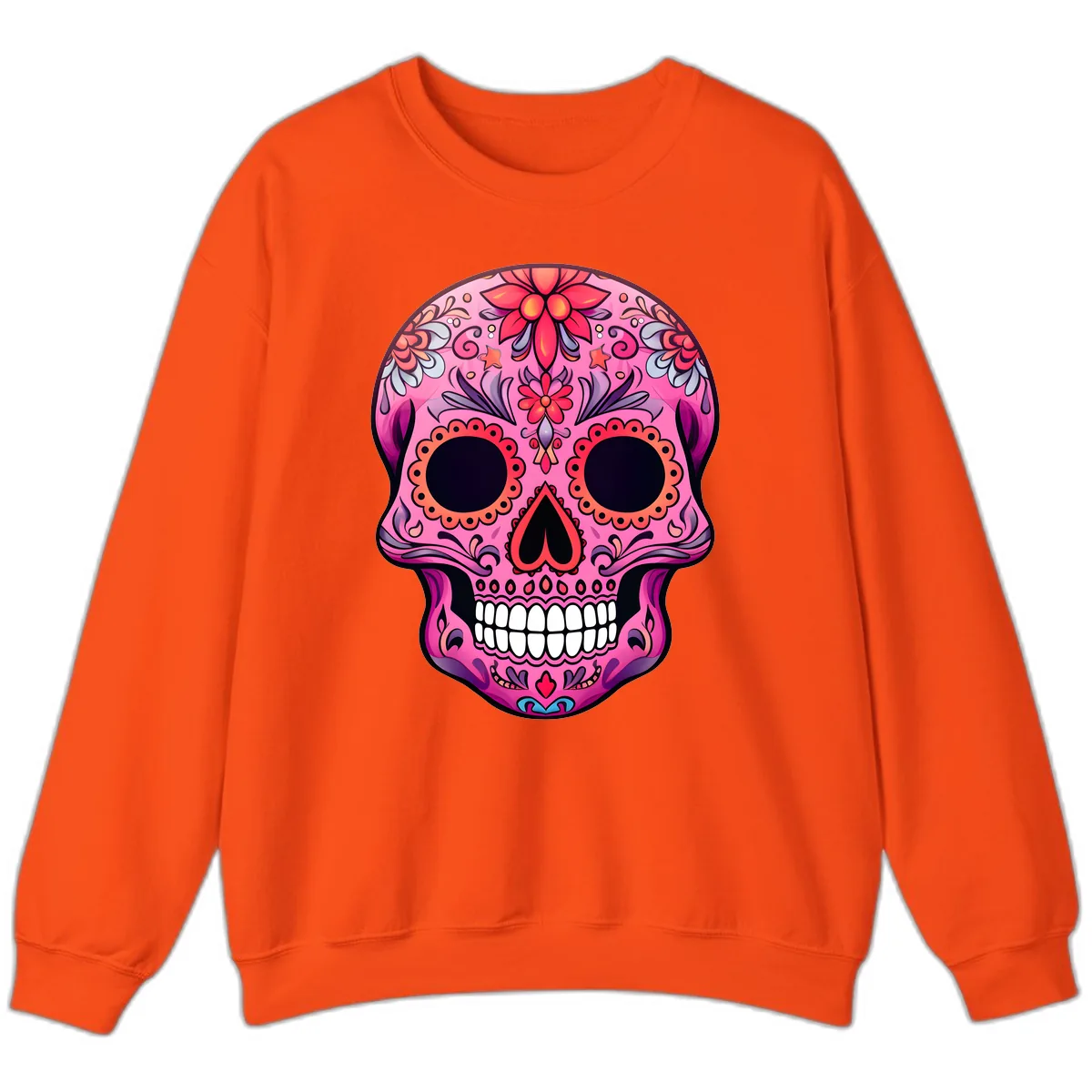 Vibrant Pink Calavera Sugar Skull Art Sweatshirt in Orange