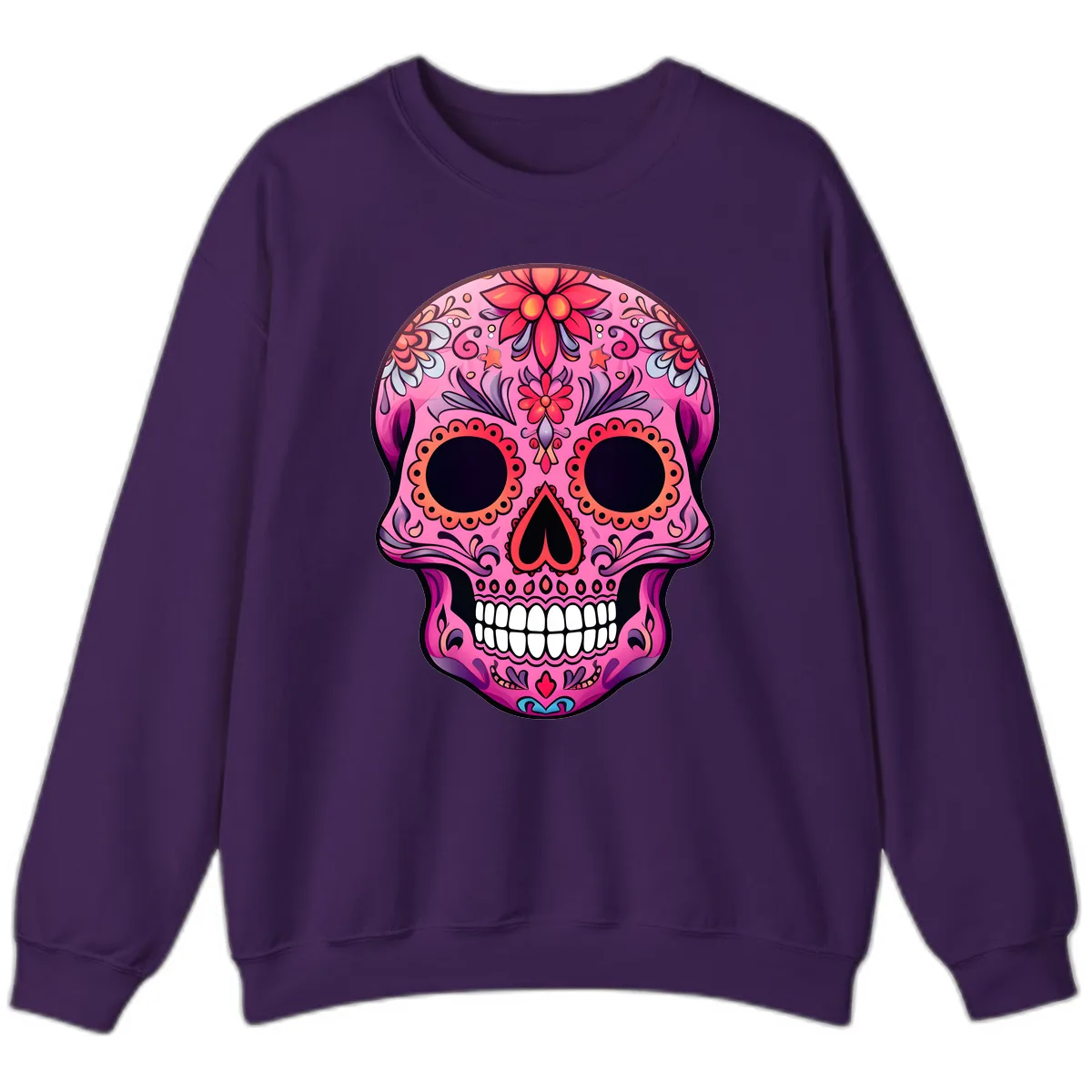 Vibrant Pink Calavera Sugar Skull Art Sweatshirt in Purple