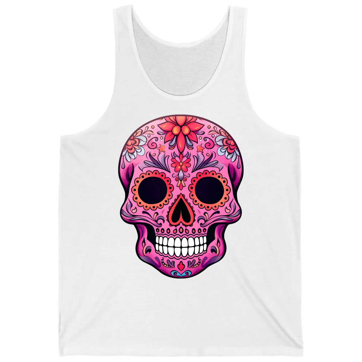 Vibrant Pink Calavera Sugar Skull Art Tank in White