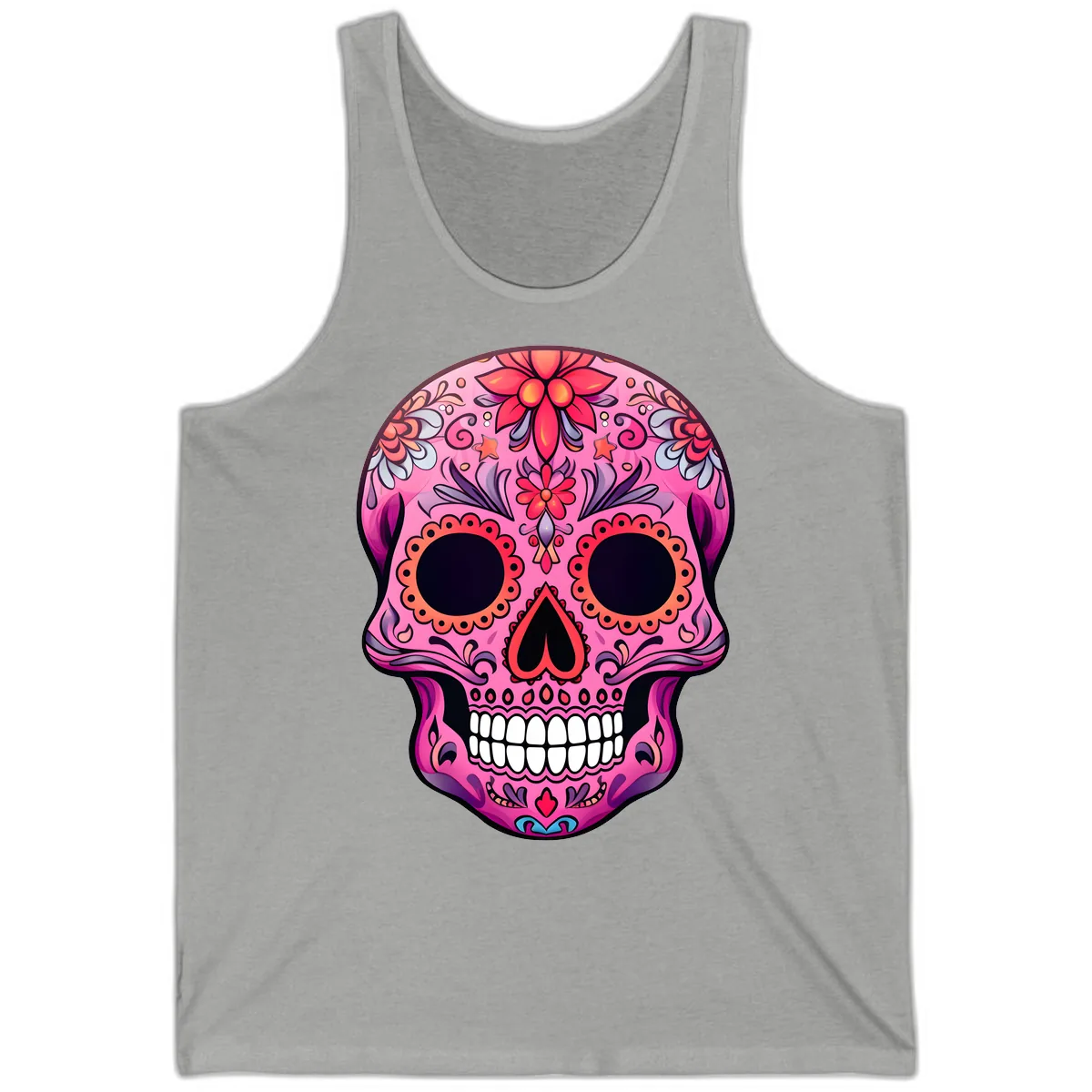 Vibrant Pink Calavera Sugar Skull Art Tank in Athletic Heather