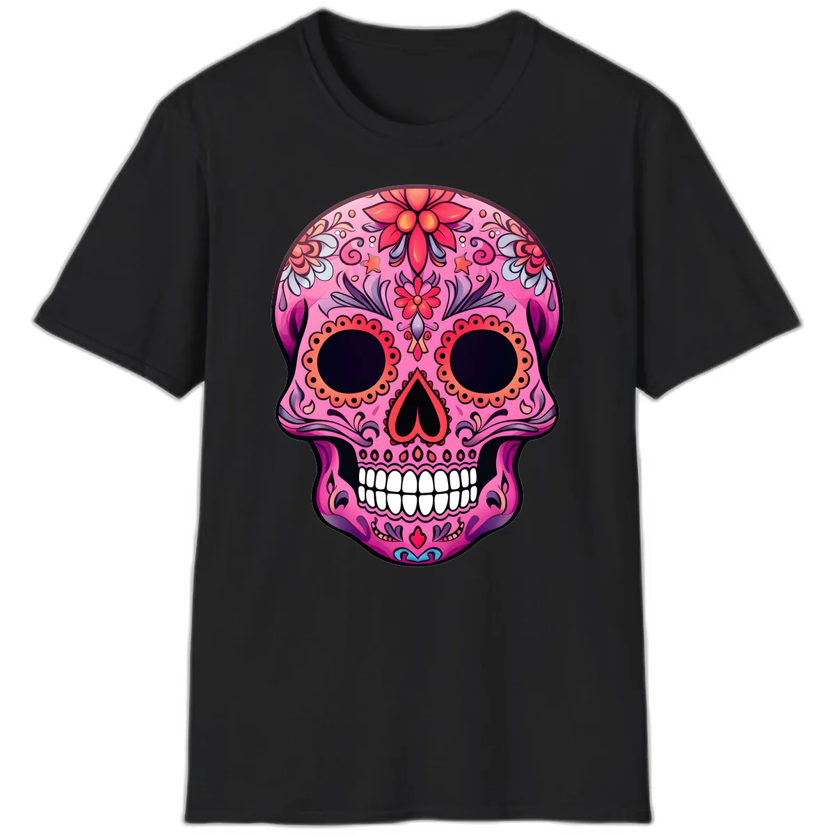 Vibrant Pink Calavera Sugar Skull Art T-Shirt in Black