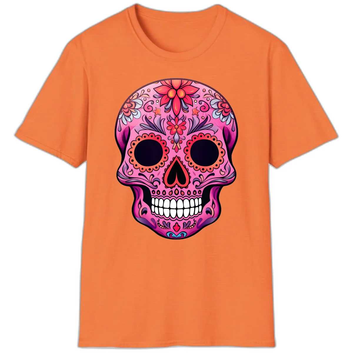 Vibrant Pink Calavera Sugar Skull Art T-Shirt in Heather Orange