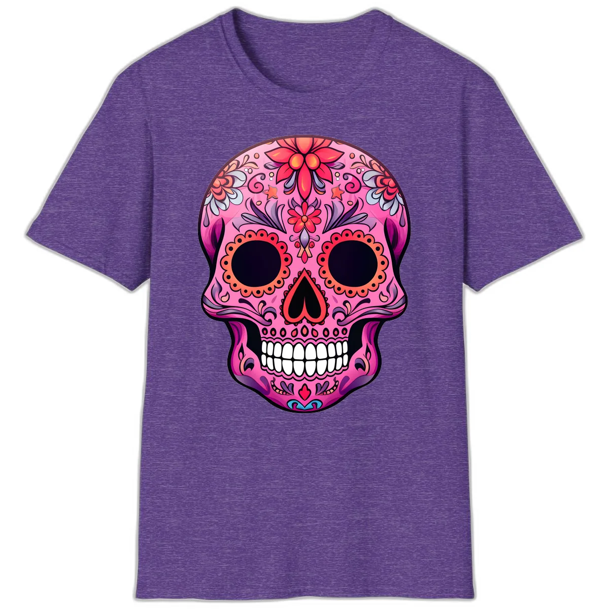 Vibrant Pink Calavera Sugar Skull Art T-Shirt in Heather Purple