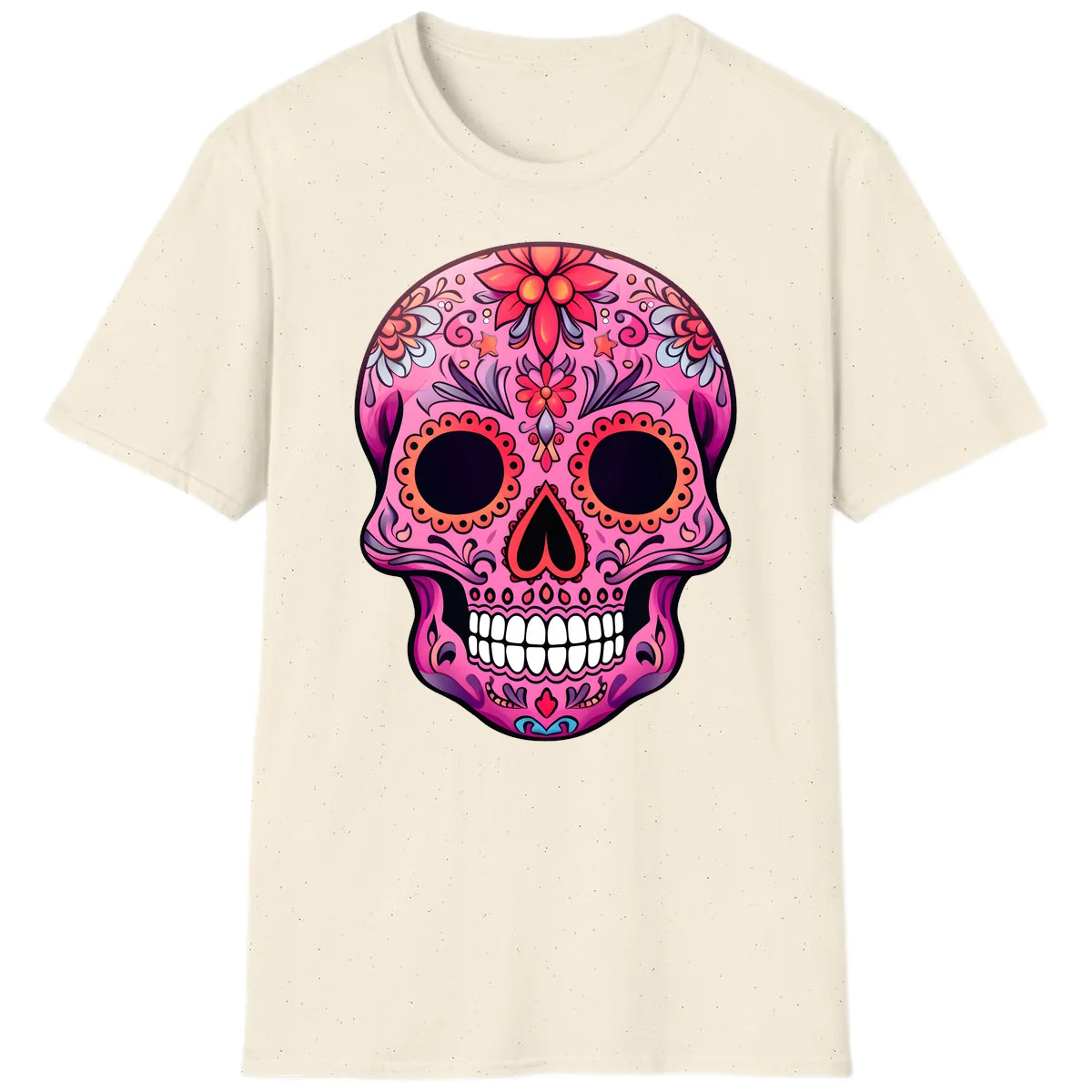 Vibrant Pink Calavera Sugar Skull Art T-Shirt in Natural