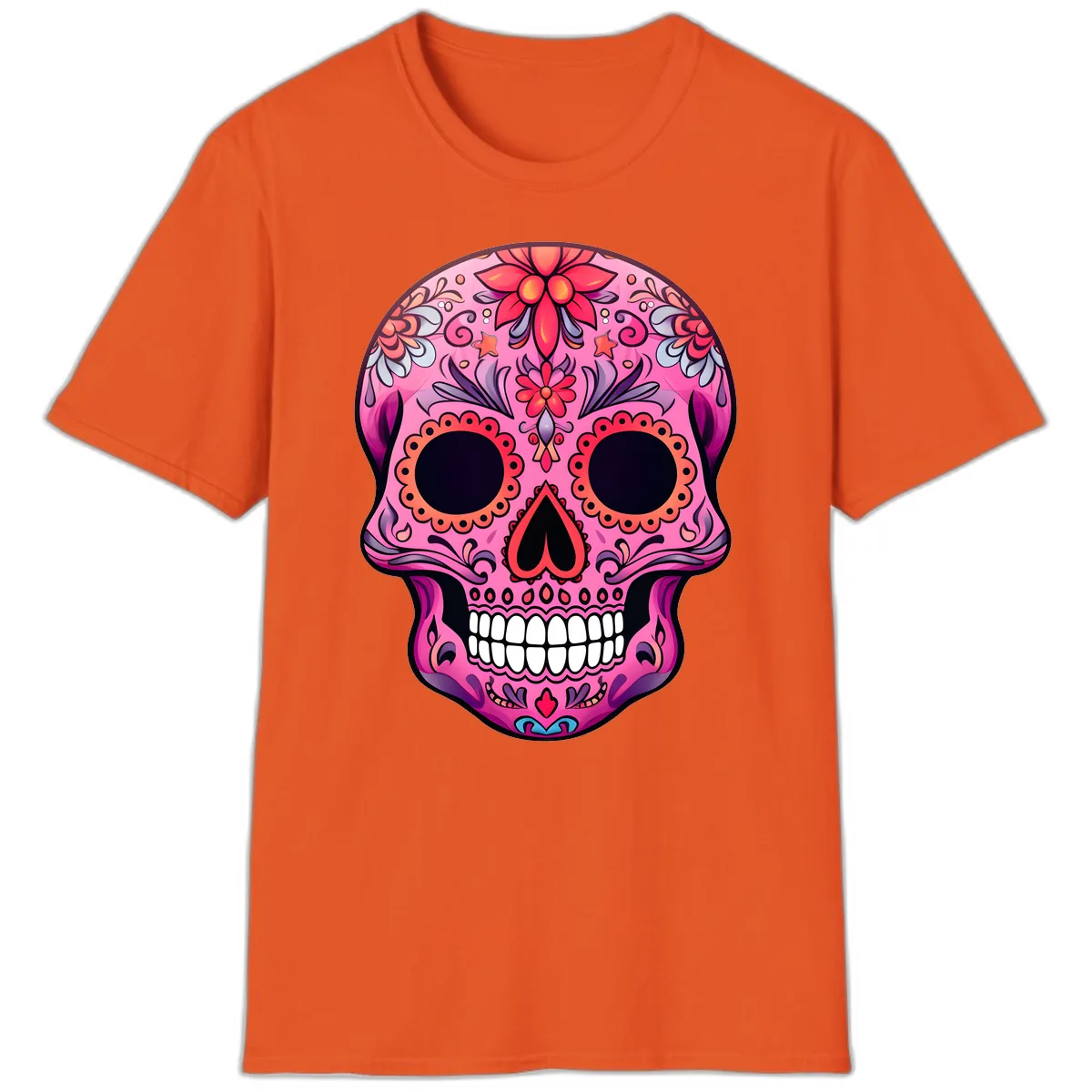 Vibrant Pink Calavera Sugar Skull Art T-Shirt in Orange