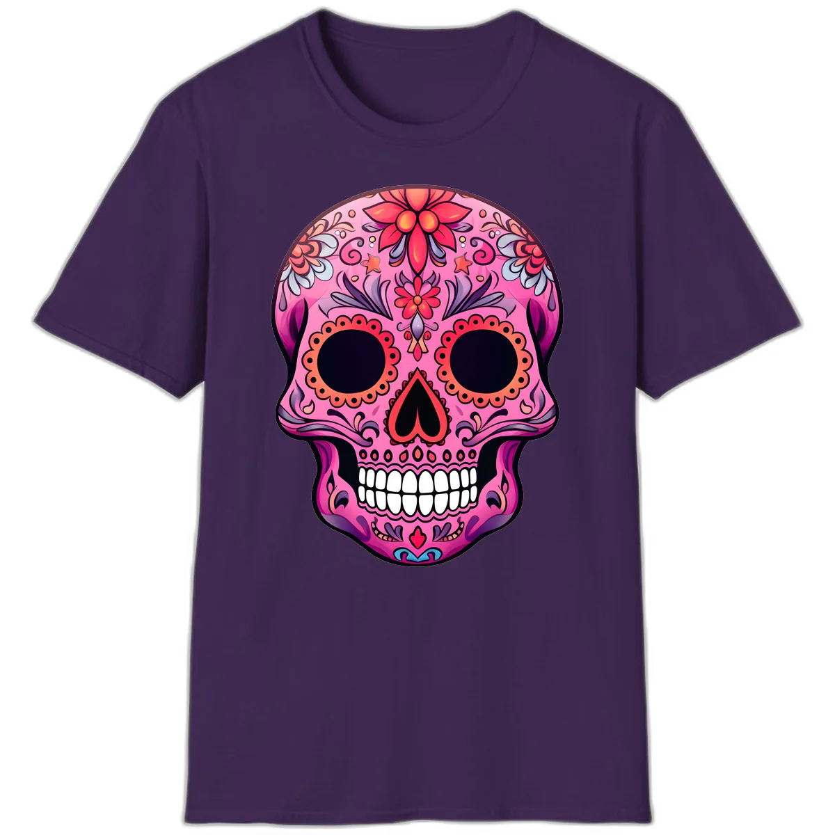 Vibrant Pink Calavera Sugar Skull Art T-Shirt in Purple