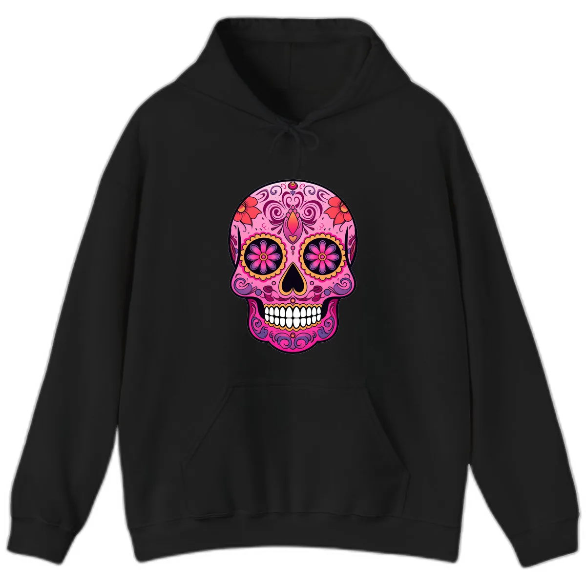 Vibrant Floral Calavera Sugar Skull Hoodie in Black