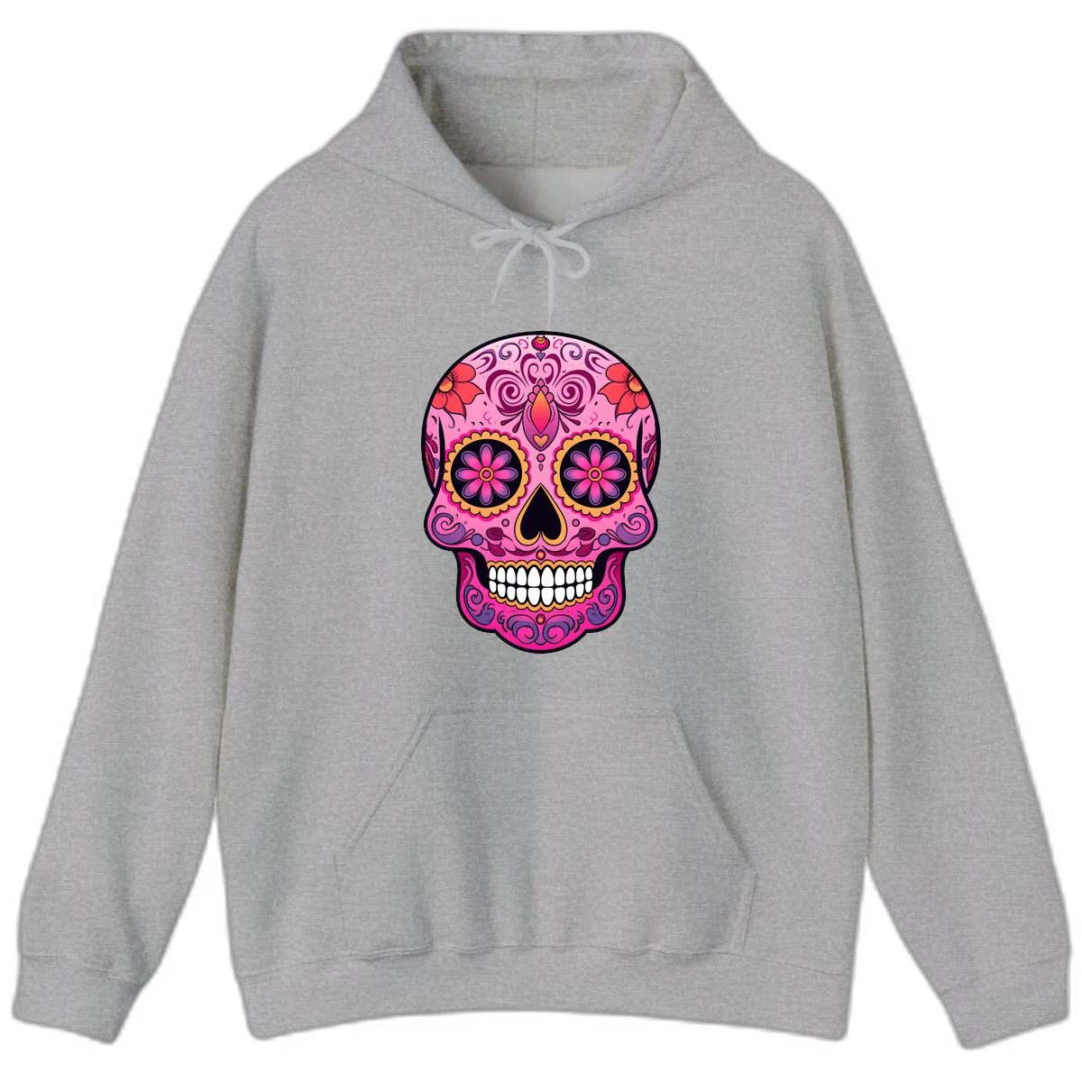 Vibrant Floral Calavera Sugar Skull Hoodie in Sport Grey
