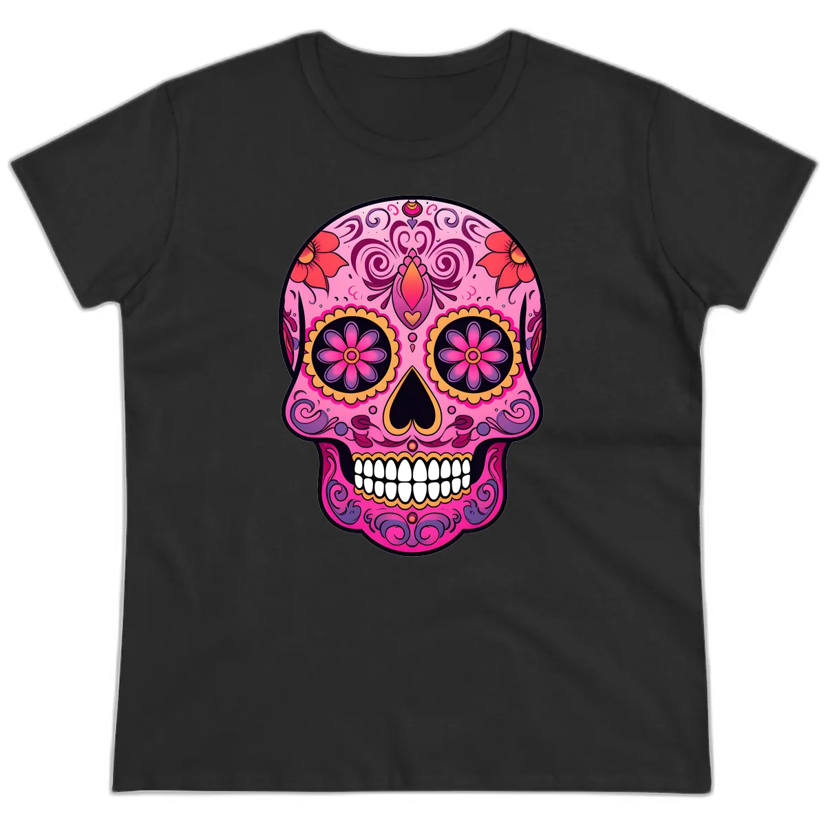Vibrant Floral Calavera Sugar Skull Ladies Tee in Black