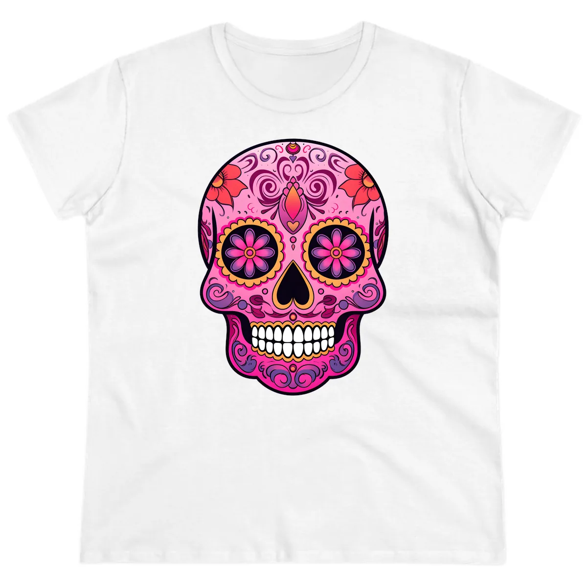 Vibrant Floral Calavera Sugar Skull Ladies Tee in White