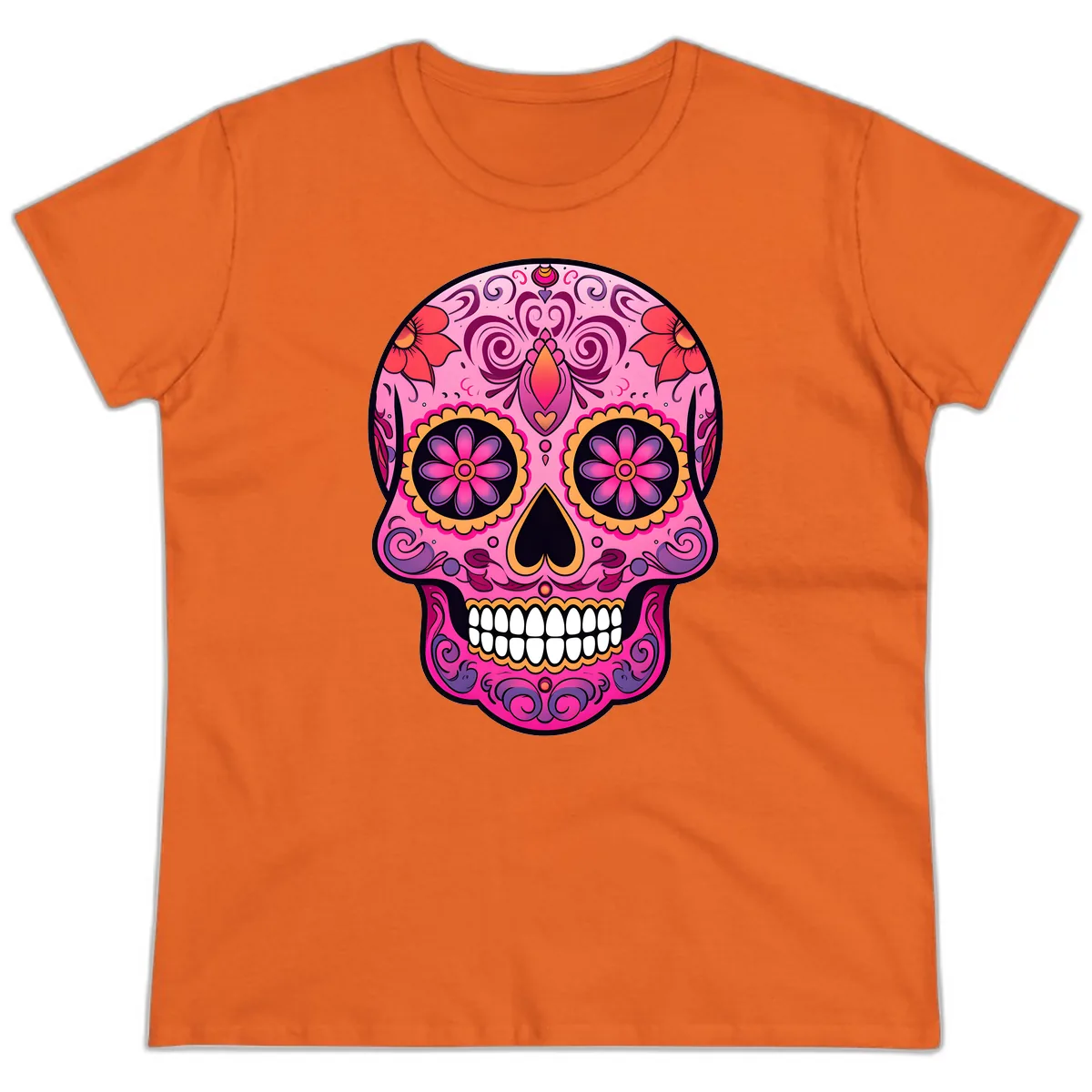 Vibrant Floral Calavera Sugar Skull Ladies Tee in Orange