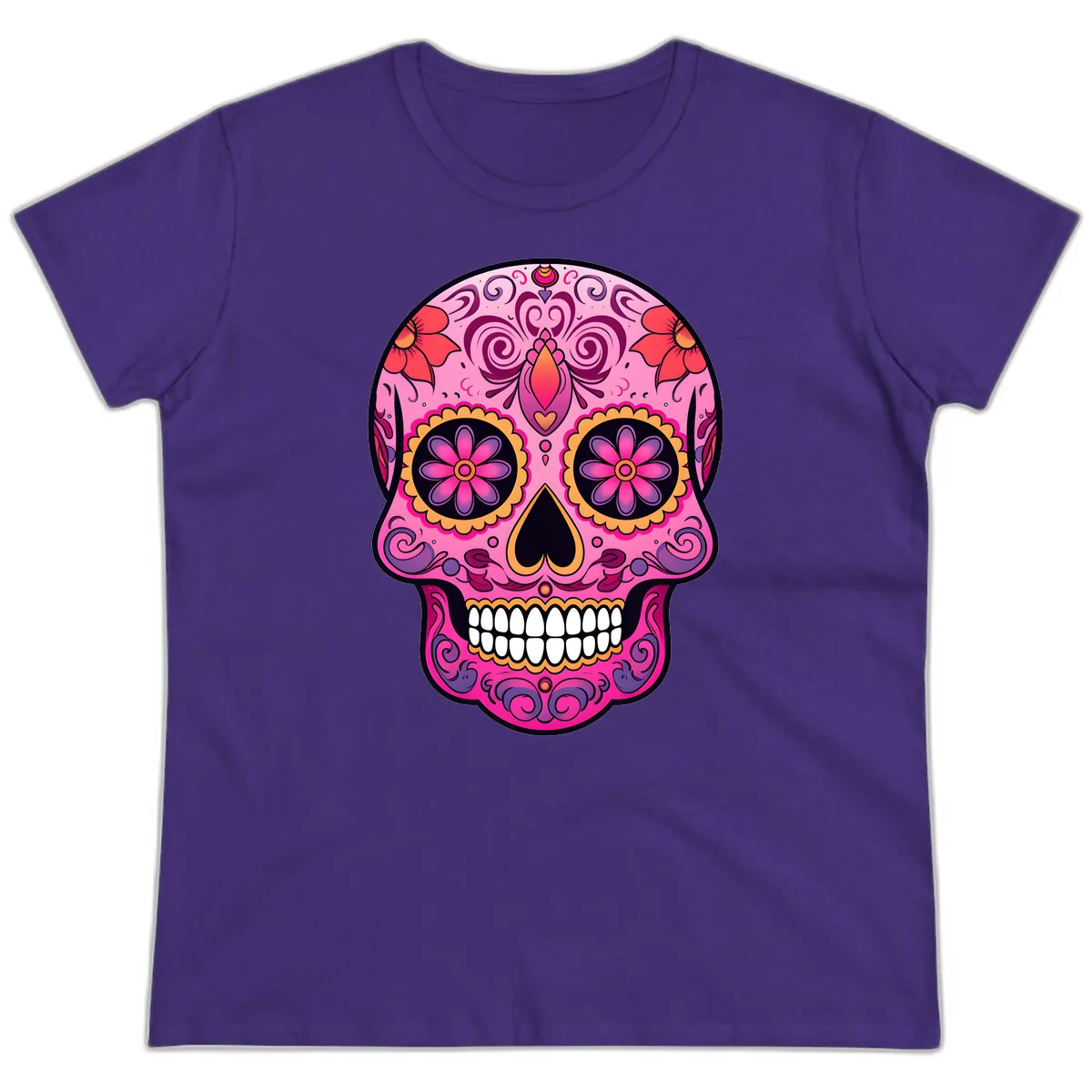Vibrant Floral Calavera Sugar Skull Ladies Tee in Purple
