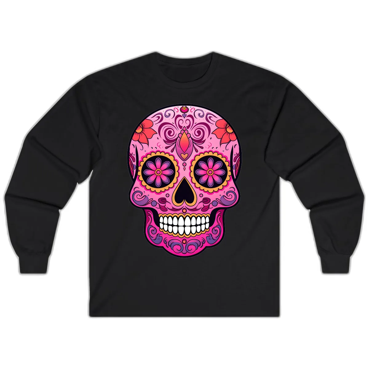 Vibrant Floral Calavera Sugar Skull Long Sleeve in Black