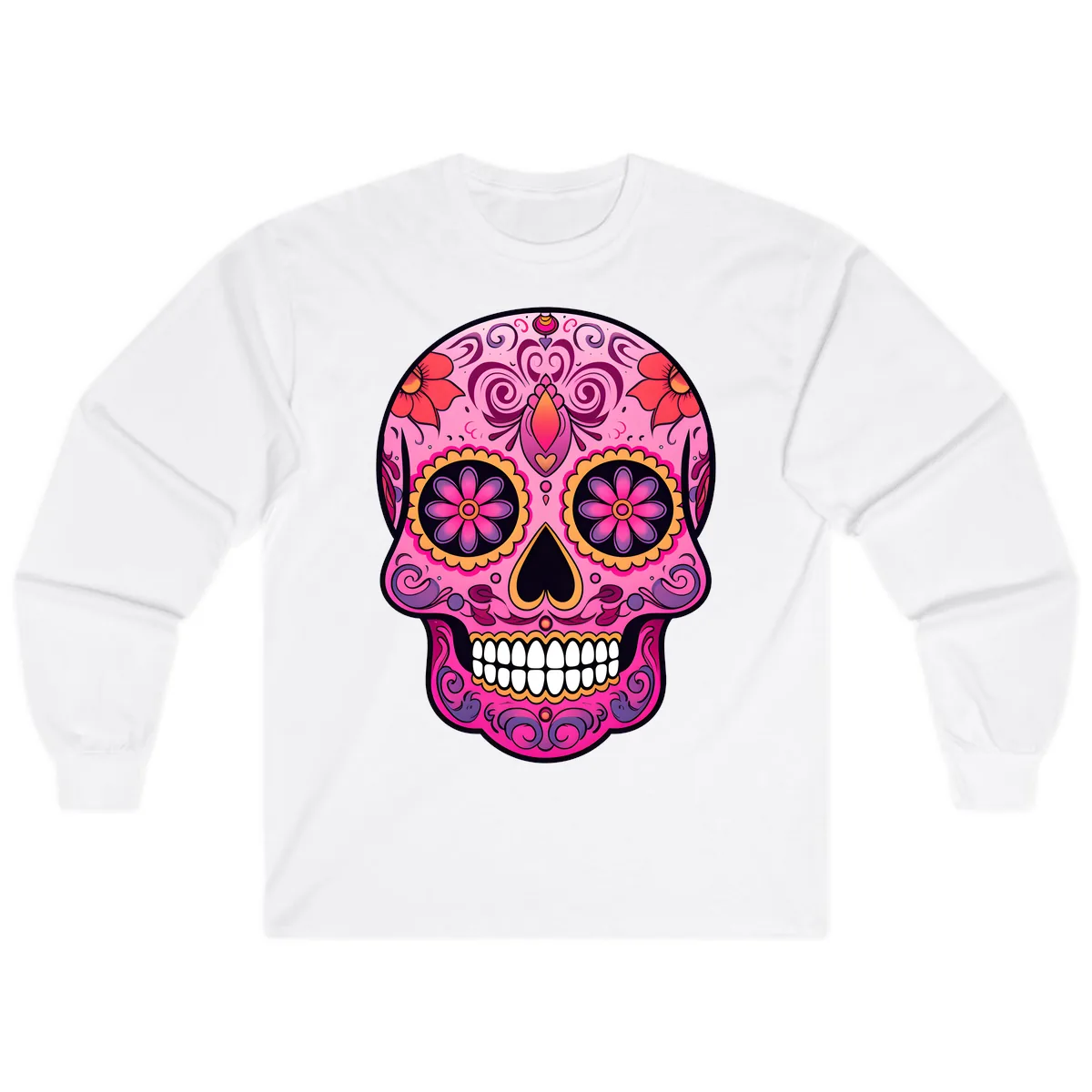 Vibrant Floral Calavera Sugar Skull Long Sleeve in White