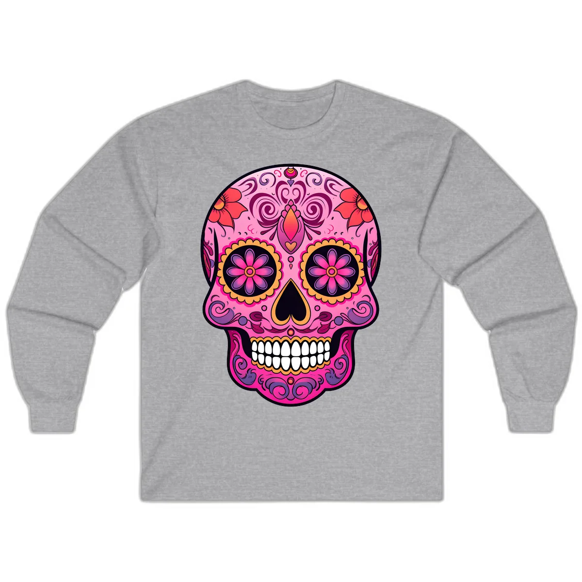 Vibrant Floral Calavera Sugar Skull Long Sleeve in Sport Grey