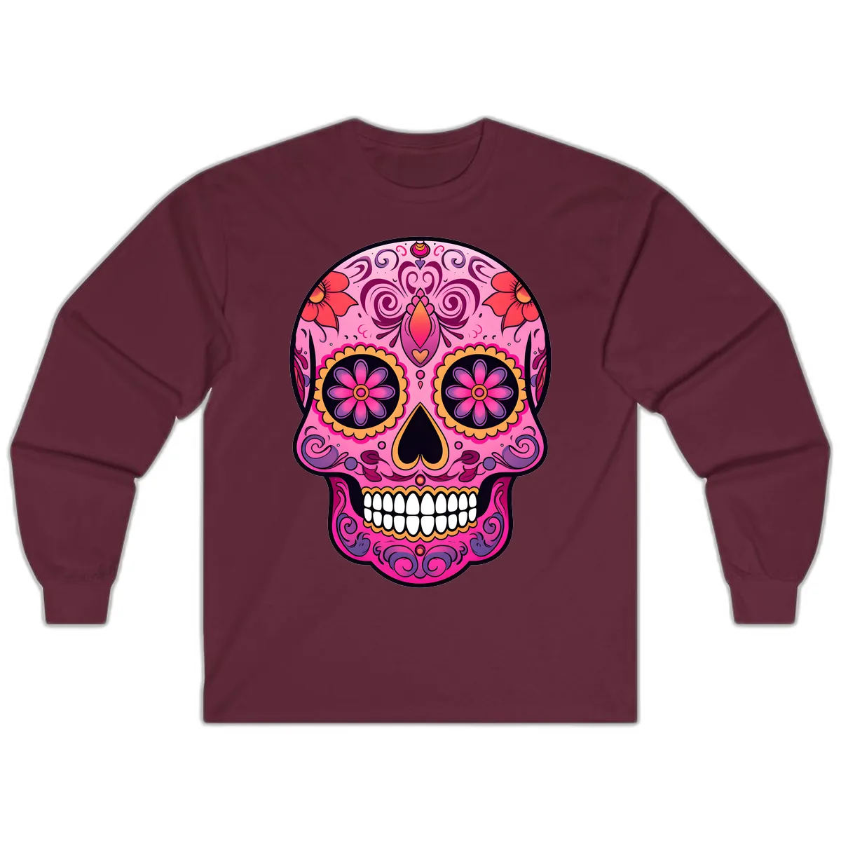 Vibrant Floral Calavera Sugar Skull Long Sleeve in Maroon