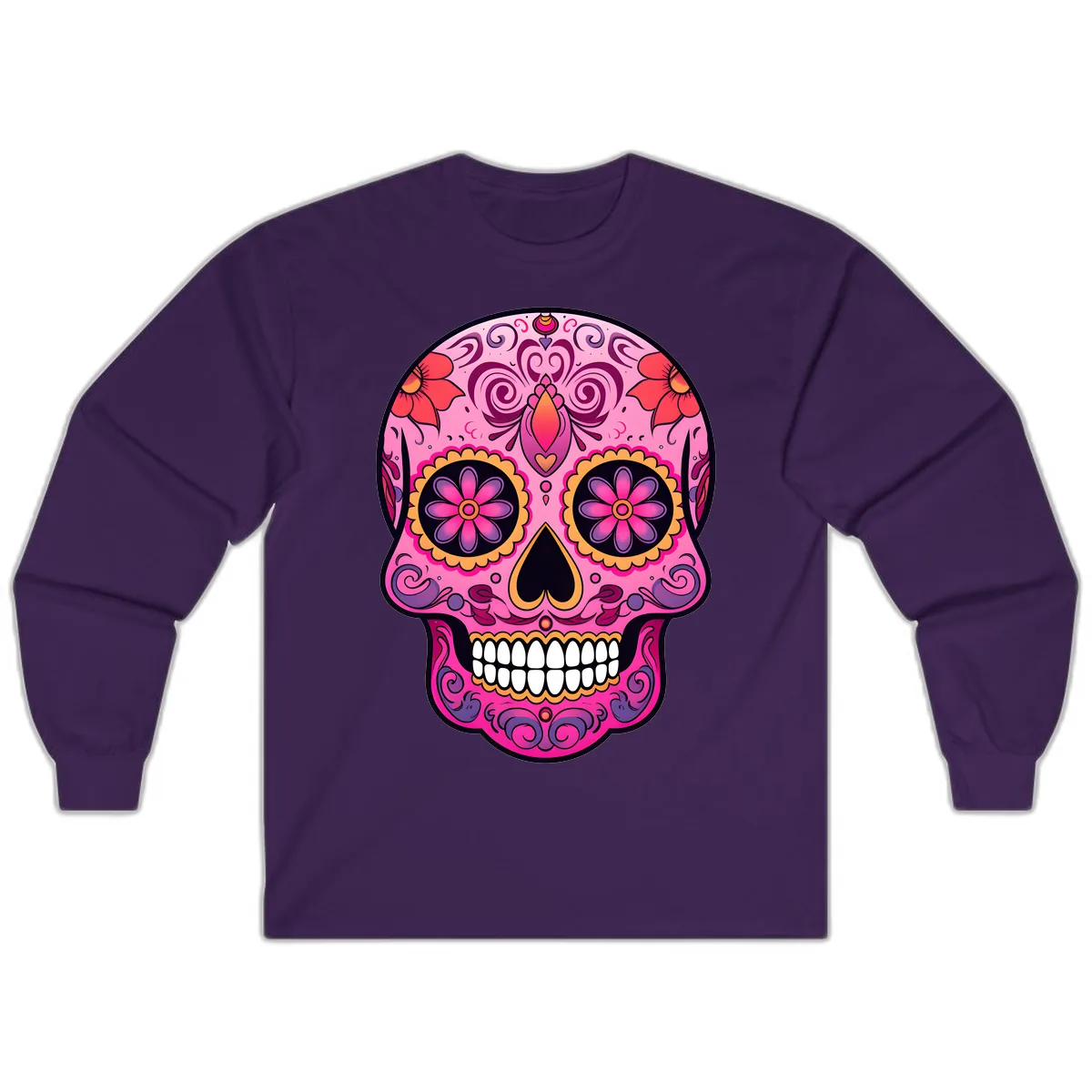Vibrant Floral Calavera Sugar Skull Long Sleeve in Purple