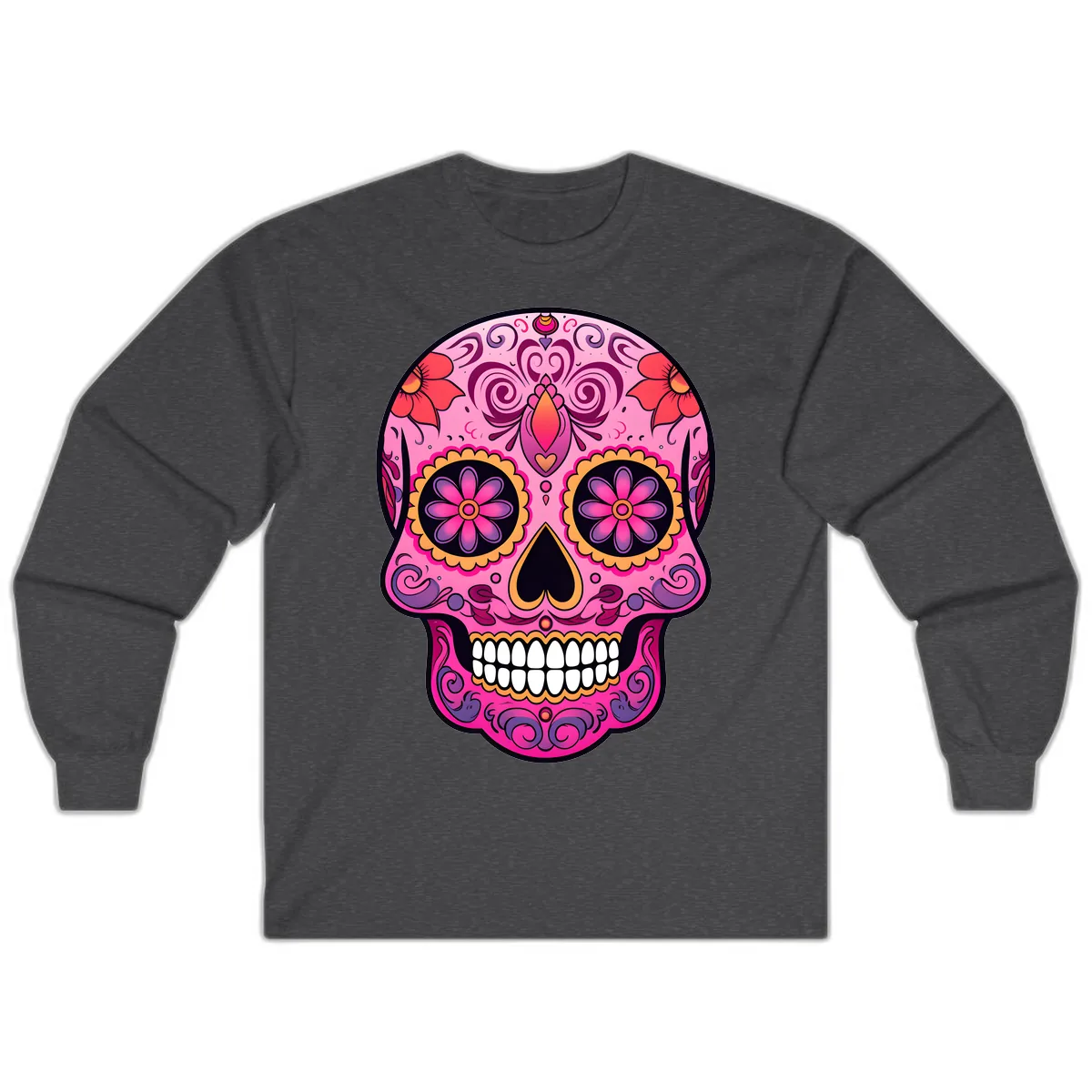 Vibrant Floral Calavera Sugar Skull Long Sleeve in Dark Heather