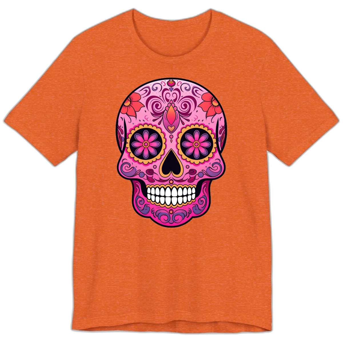Vibrant Floral Calavera Sugar Skull Premium T-Shirt in Heather Orange