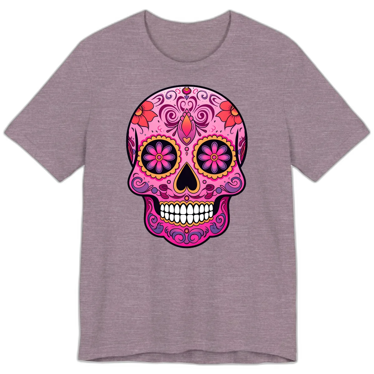 Vibrant Floral Calavera Sugar Skull Premium T-Shirt in Heather Purple