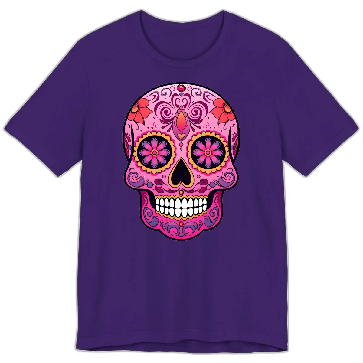 Vibrant Floral Calavera Sugar Skull Premium T-Shirt in Team Purple