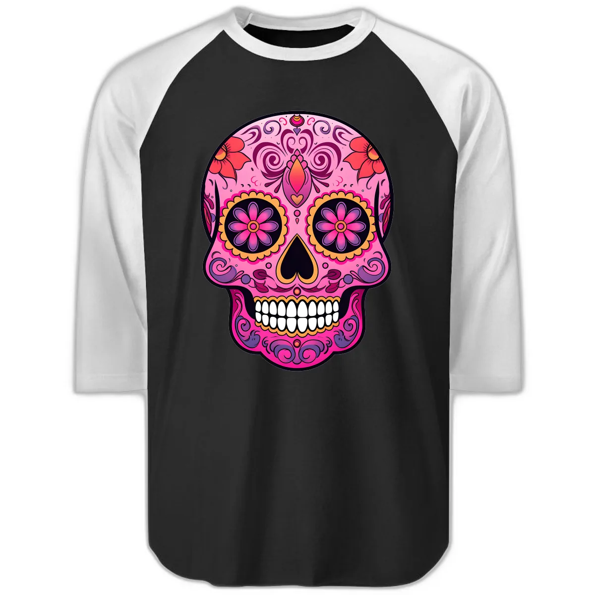 Vibrant Floral Calavera Sugar Skull Raglan 3/4 in Black White
