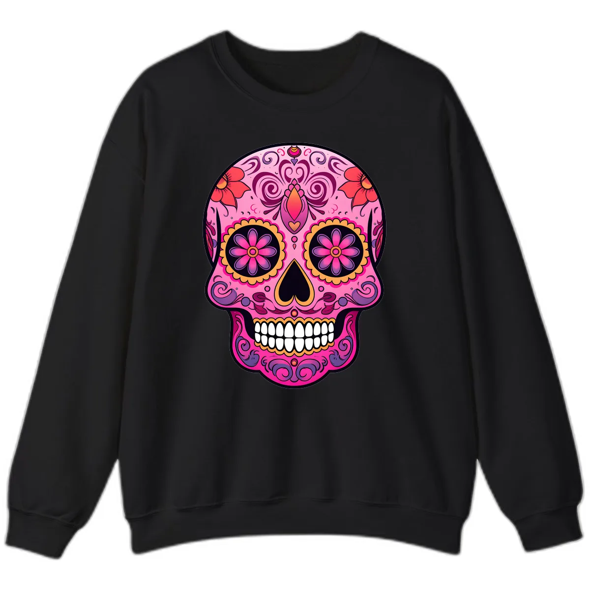 Vibrant Floral Calavera Sugar Skull Sweatshirt in Black