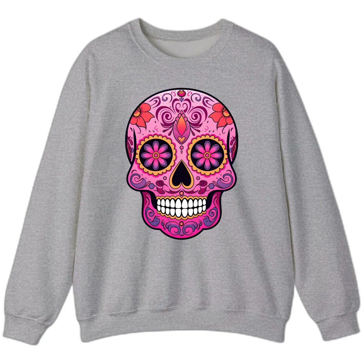 Vibrant Floral Calavera Sugar Skull Sweatshirt in Sport Grey