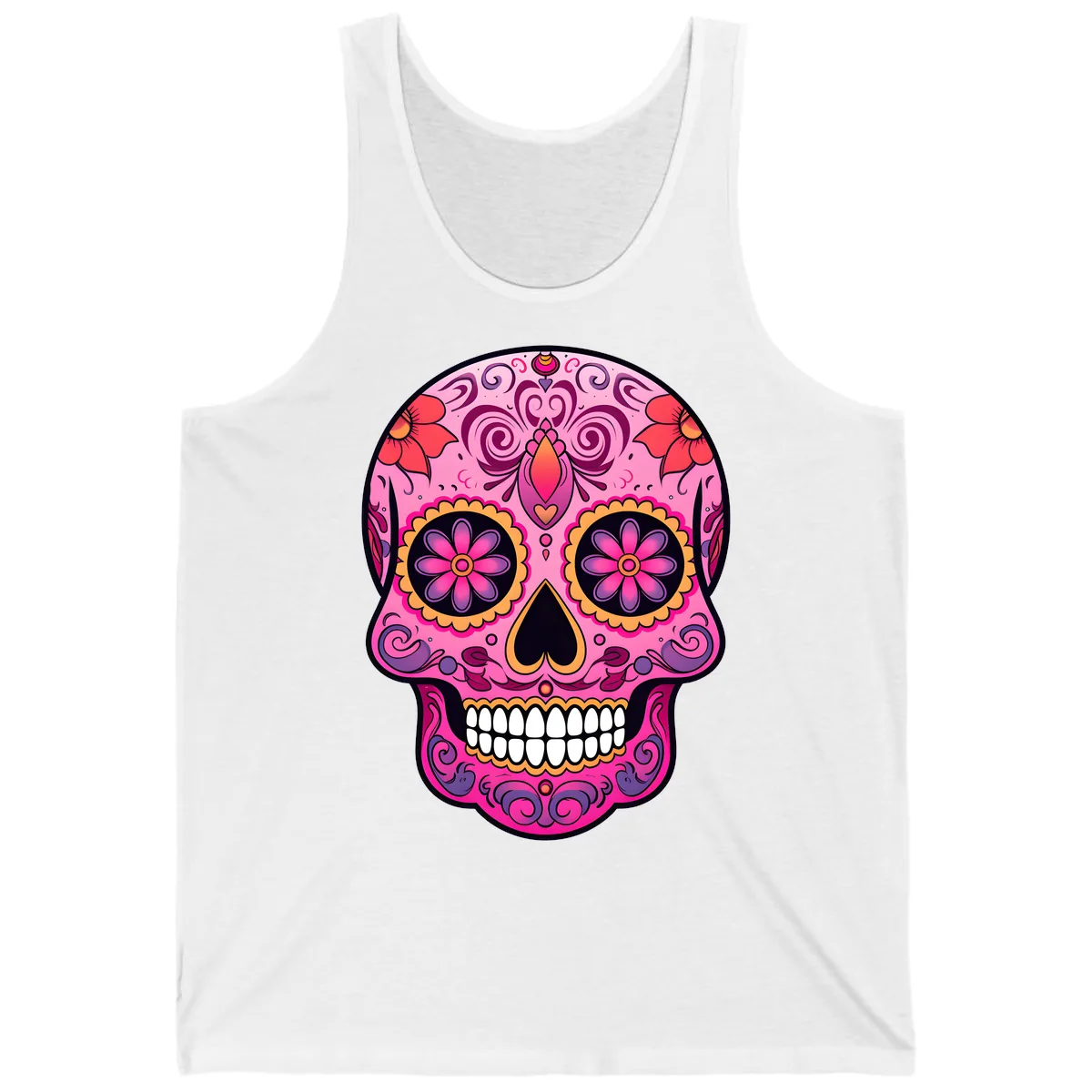 Vibrant Floral Calavera Sugar Skull Tank in White