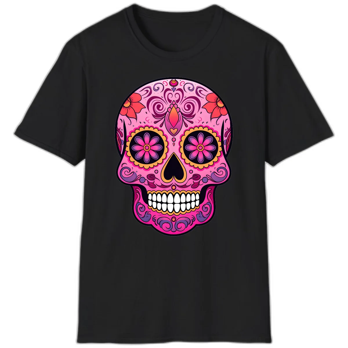 Vibrant Floral Calavera Sugar Skull T-Shirt in Black