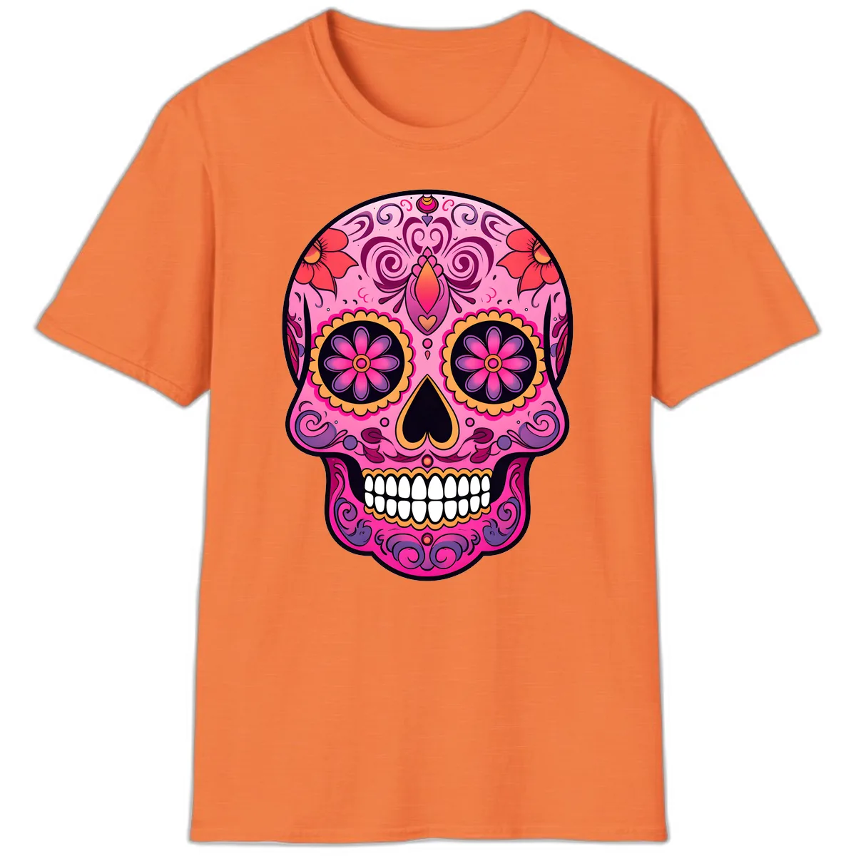 Vibrant Floral Calavera Sugar Skull T-Shirt in Heather Orange