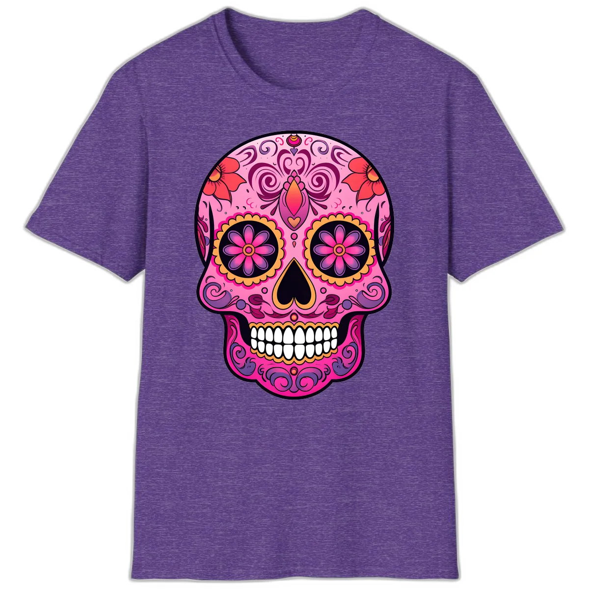 Vibrant Floral Calavera Sugar Skull T-Shirt in Heather Purple