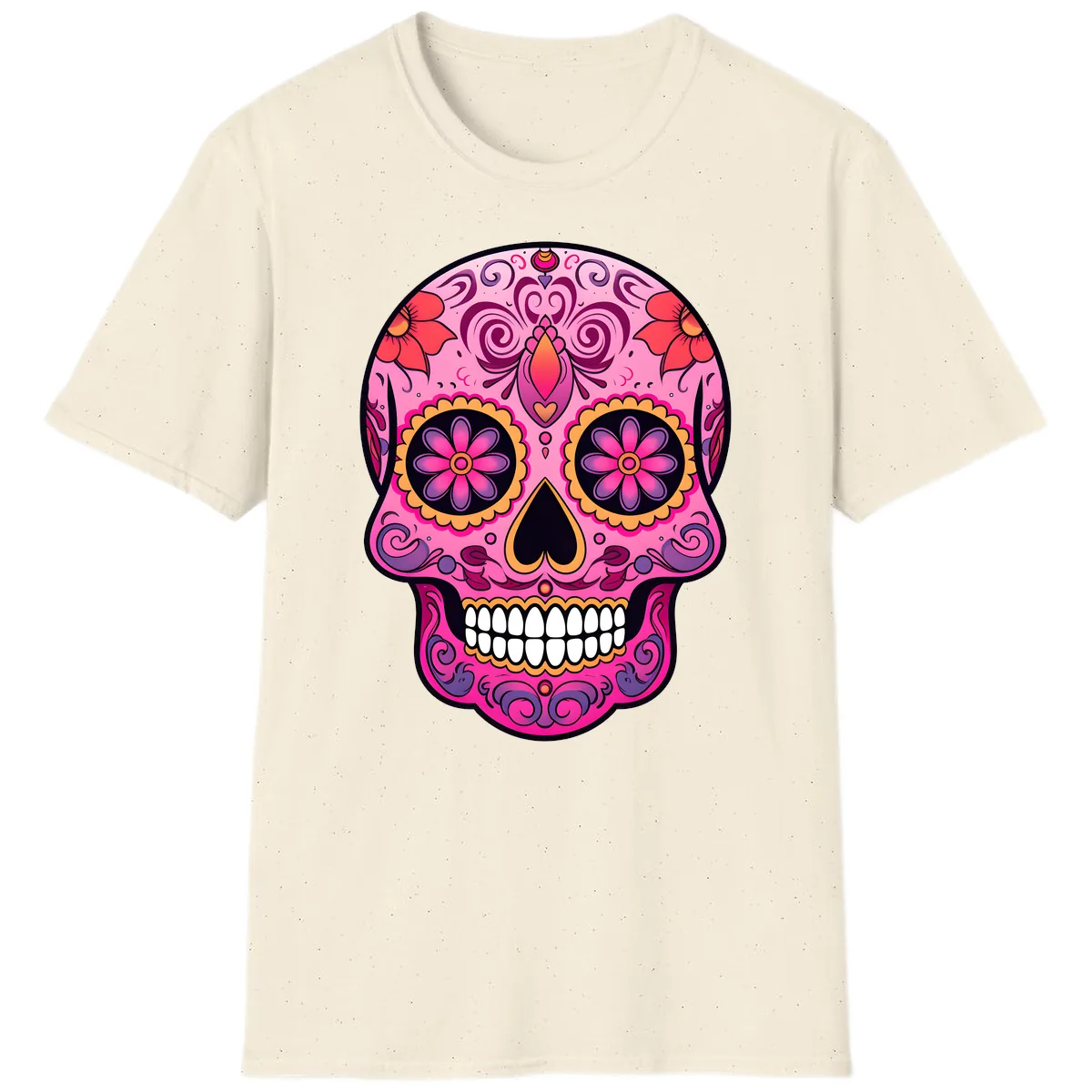 Vibrant Floral Calavera Sugar Skull T-Shirt in Natural