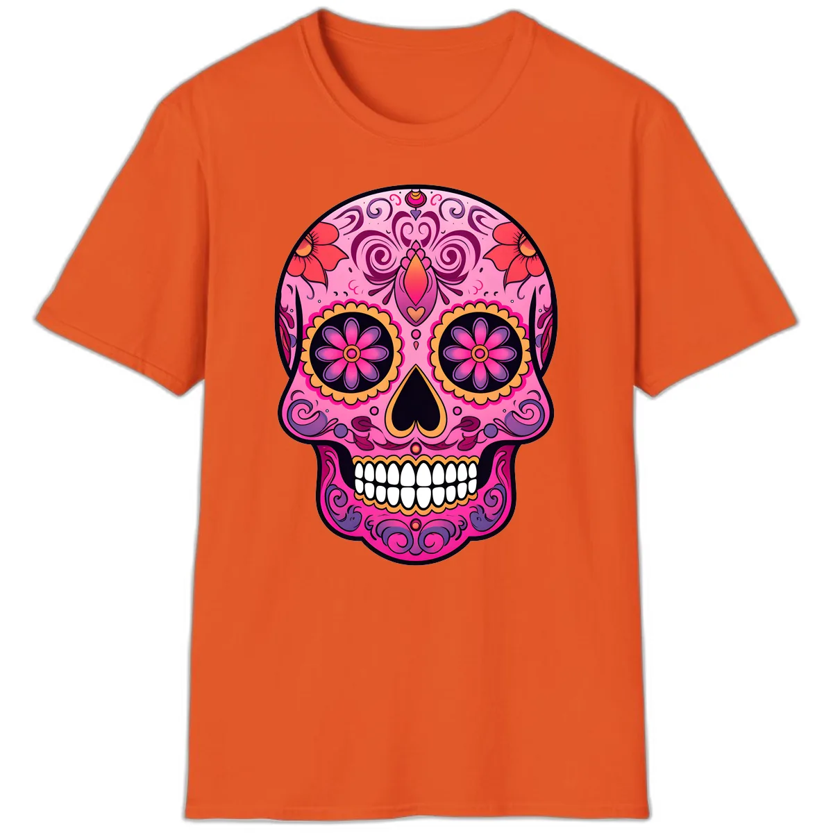 Vibrant Floral Calavera Sugar Skull T-Shirt in Orange