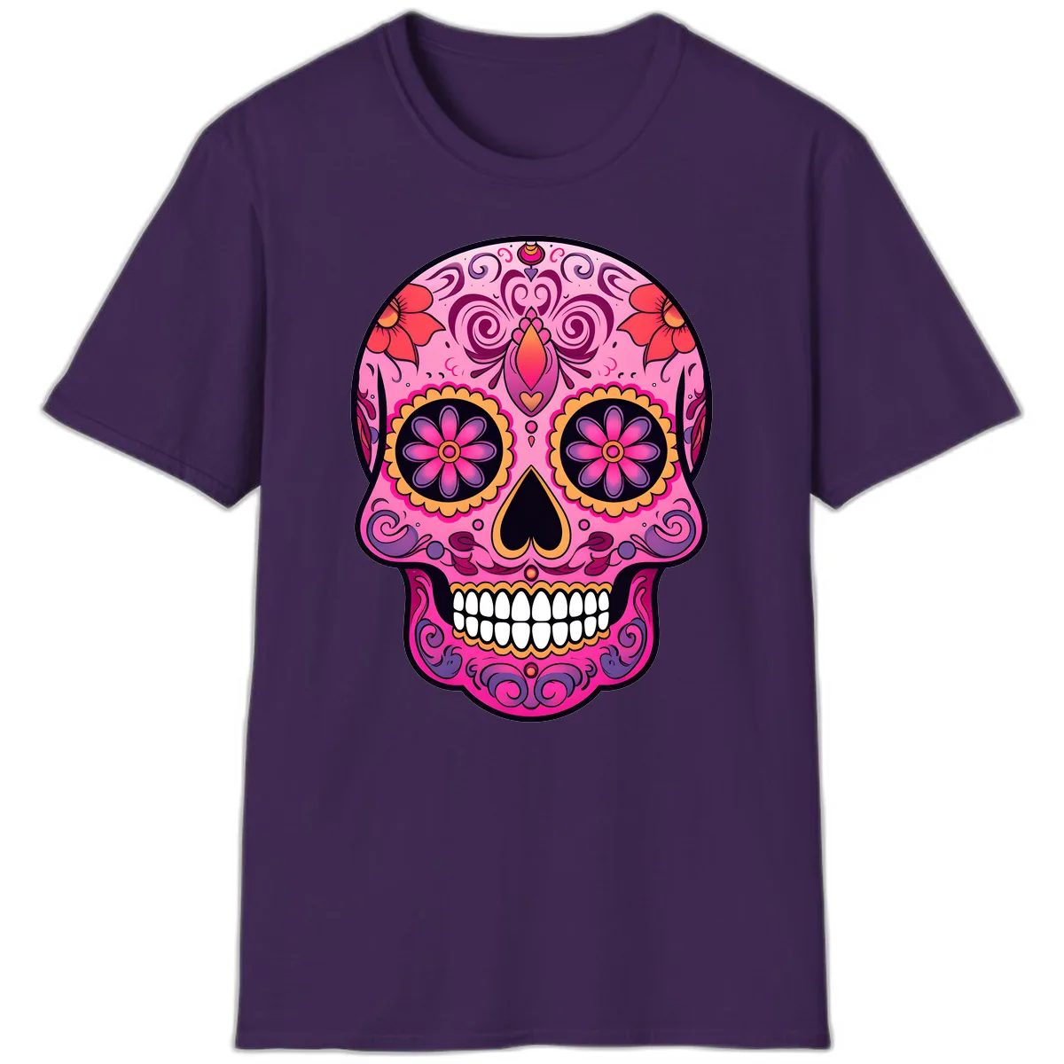 Vibrant Floral Calavera Sugar Skull T-Shirt in Purple