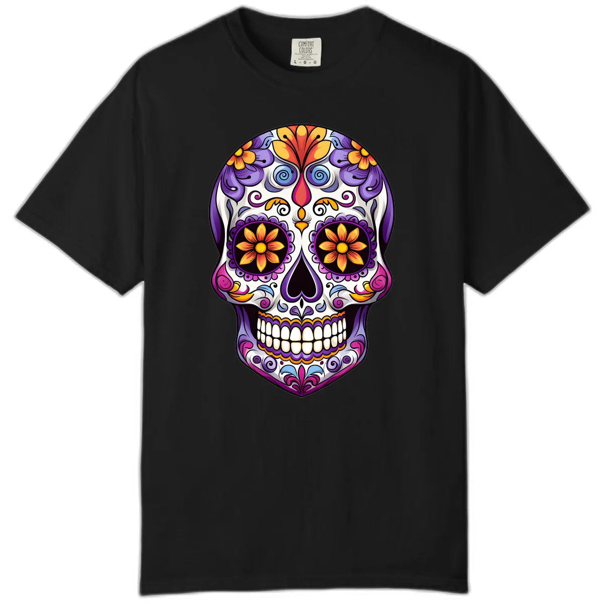 Vibrant Floral Calavera Sugar Skull Art Comfort Color in Black