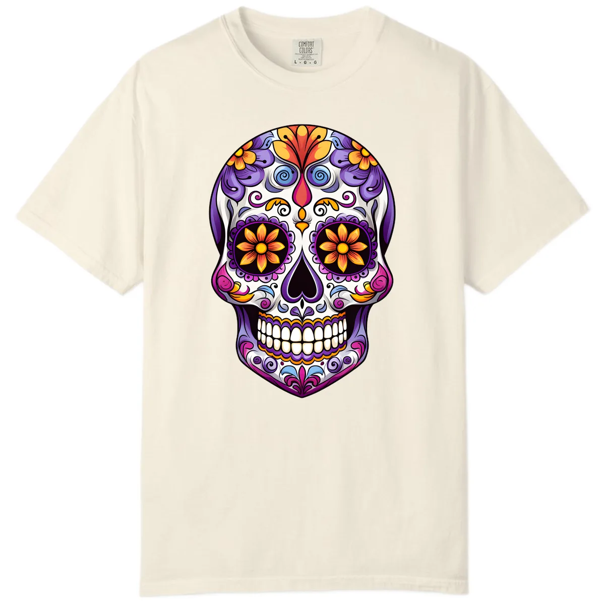Vibrant Floral Calavera Sugar Skull Art Comfort Color in Ivory