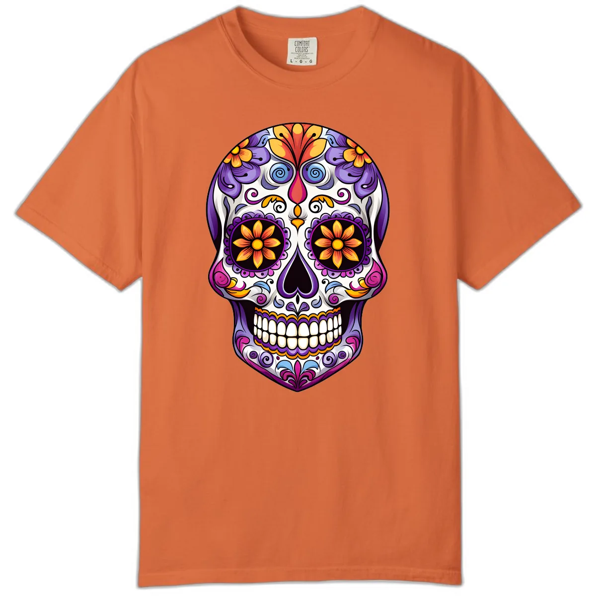 Vibrant Floral Calavera Sugar Skull Art Comfort Color in Burnt Orange