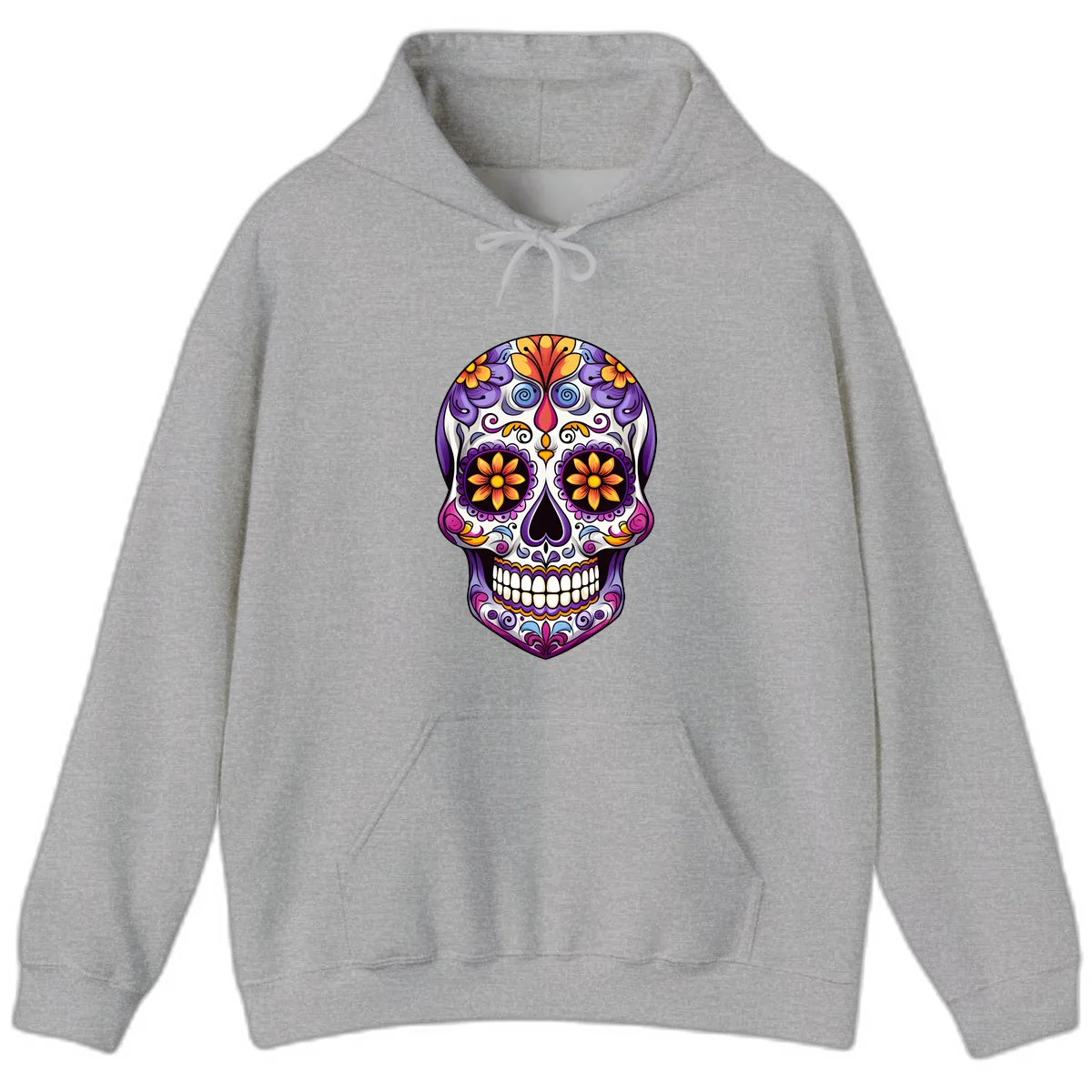 Vibrant Floral Calavera Sugar Skull Art Hoodie in Sport Grey