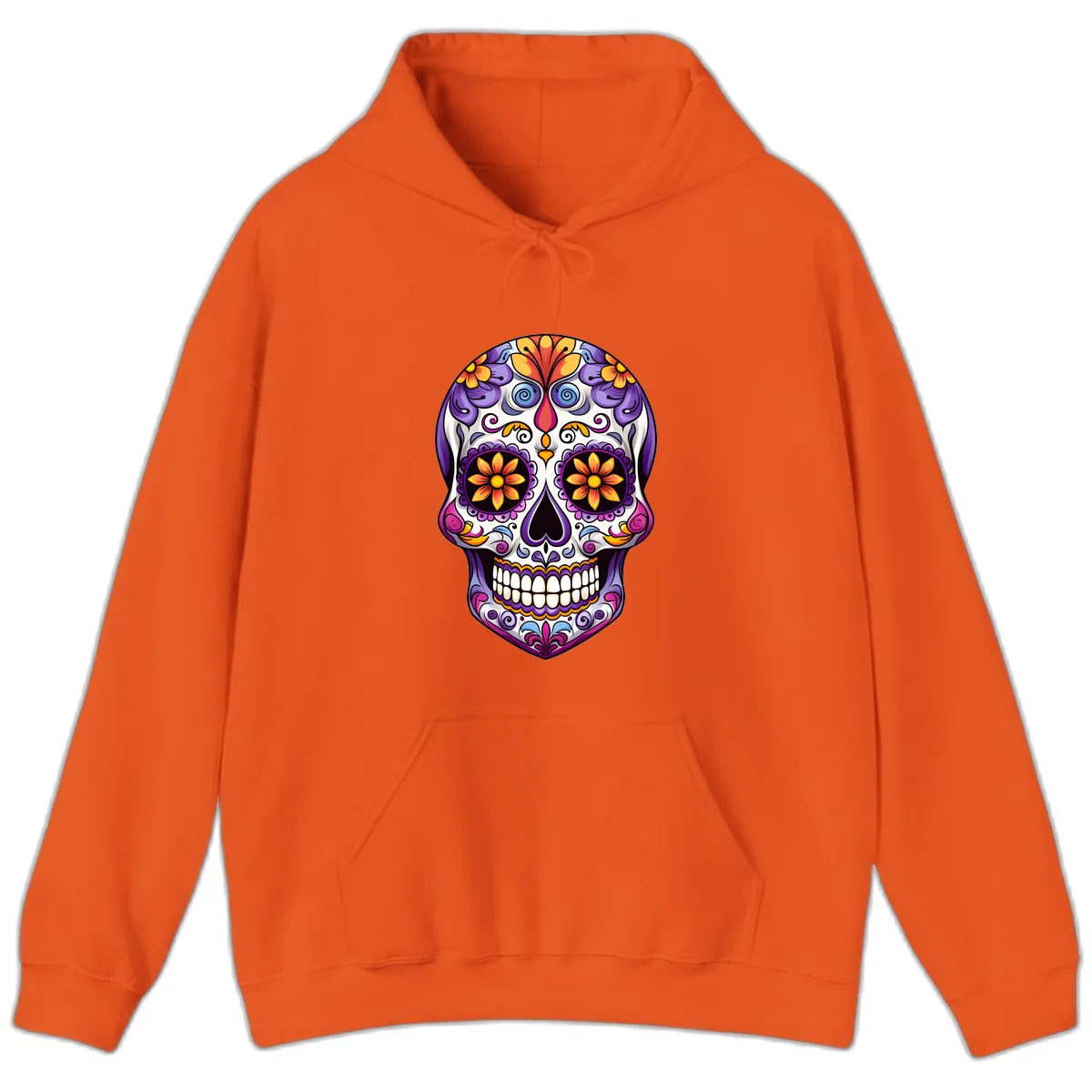 Vibrant Floral Calavera Sugar Skull Art Hoodie in Orange