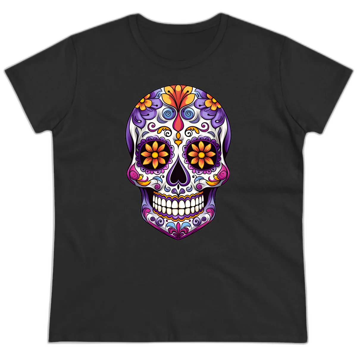 Vibrant Floral Calavera Sugar Skull Art Ladies Tee in Black