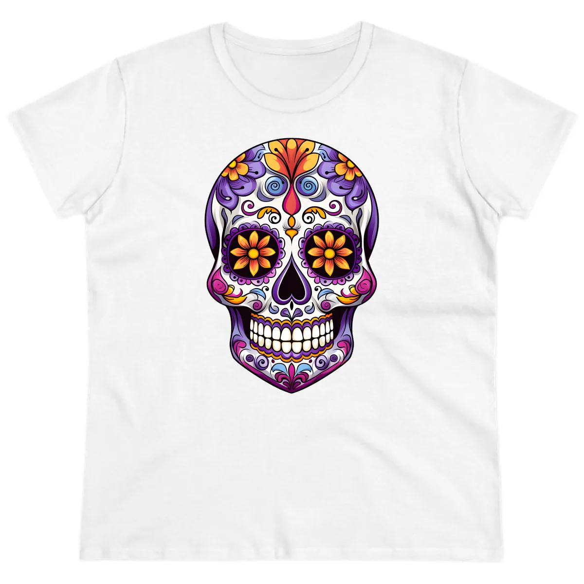 Vibrant Floral Calavera Sugar Skull Art Ladies Tee in White