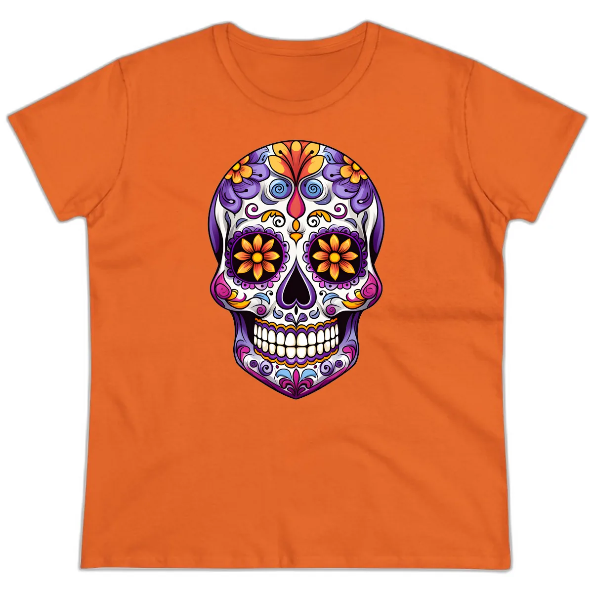 Vibrant Floral Calavera Sugar Skull Art Ladies Tee in Orange